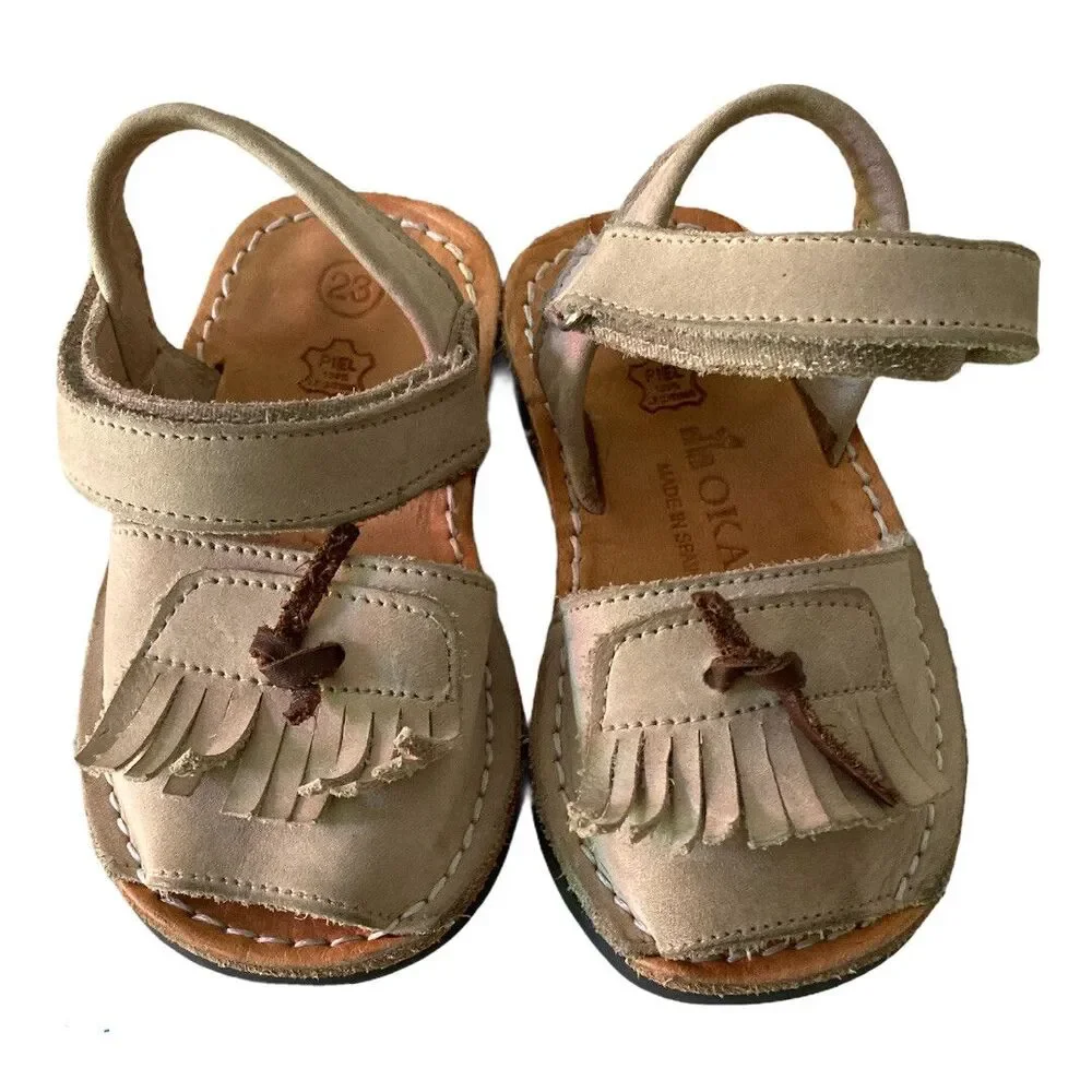 OKAA SPAIN Girls Tan Leather Fringe Sandals Size 23- US 6.5 Girls